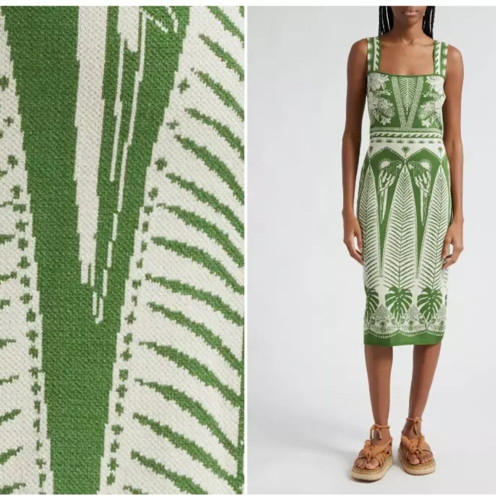 Farm Rio Macaw Elegance Sleeveless Square-Neck Midi Knit Dress